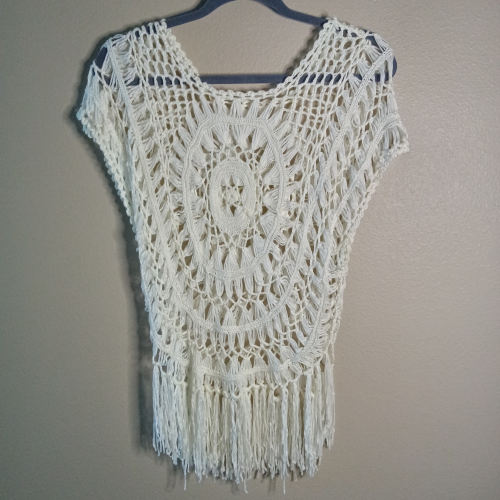 Bohemian Fringe Crochet Knit Cover Up Top White Mandala Design Scoop Neck Sm Med